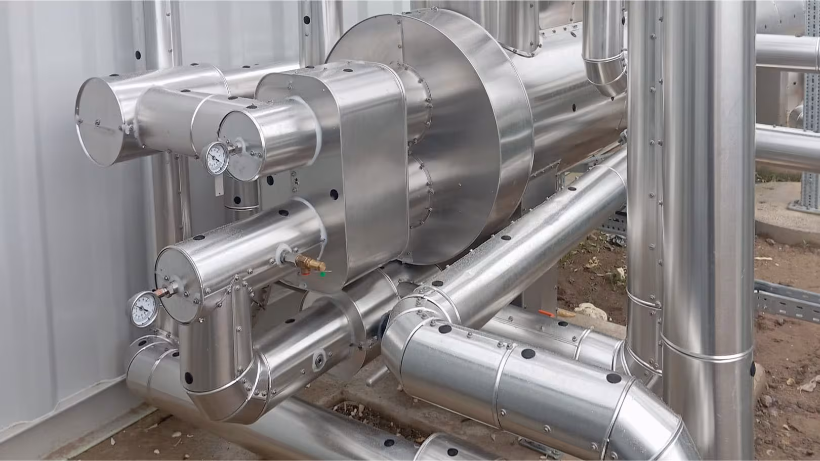 Isolierte Armaturen, Pumpen und Verteilerstation mit Edelstahl­mantel und Messgeräten, Modulbau-Skid
