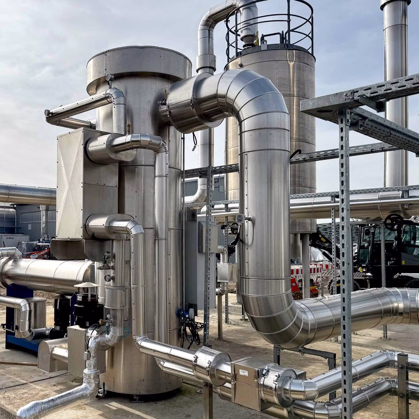 Thermal and cold insulation on vessels, columns and pipework with V2A/V4A stainless steel prefabrication for the food and chemical industries