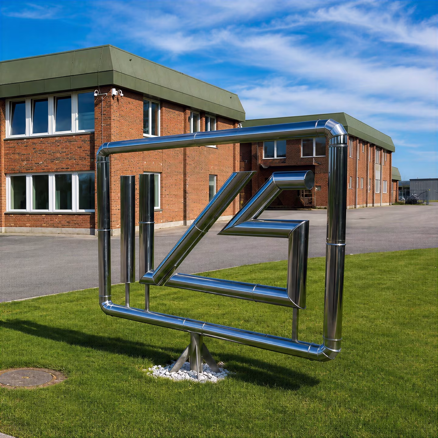IVS Rohrskulptur vor dem Unternehmensgebäude als Symbol für Isoliertechnik und Verschäumung