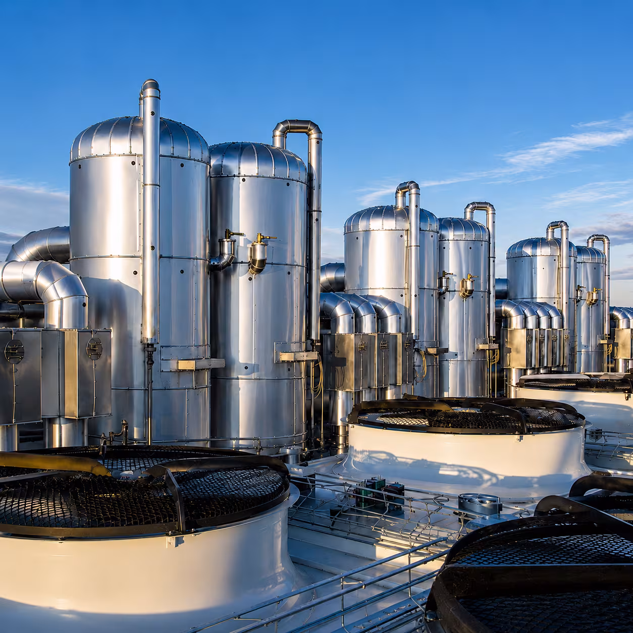 Stainless steel vessels and technical installations with cold insulation on an industrial site