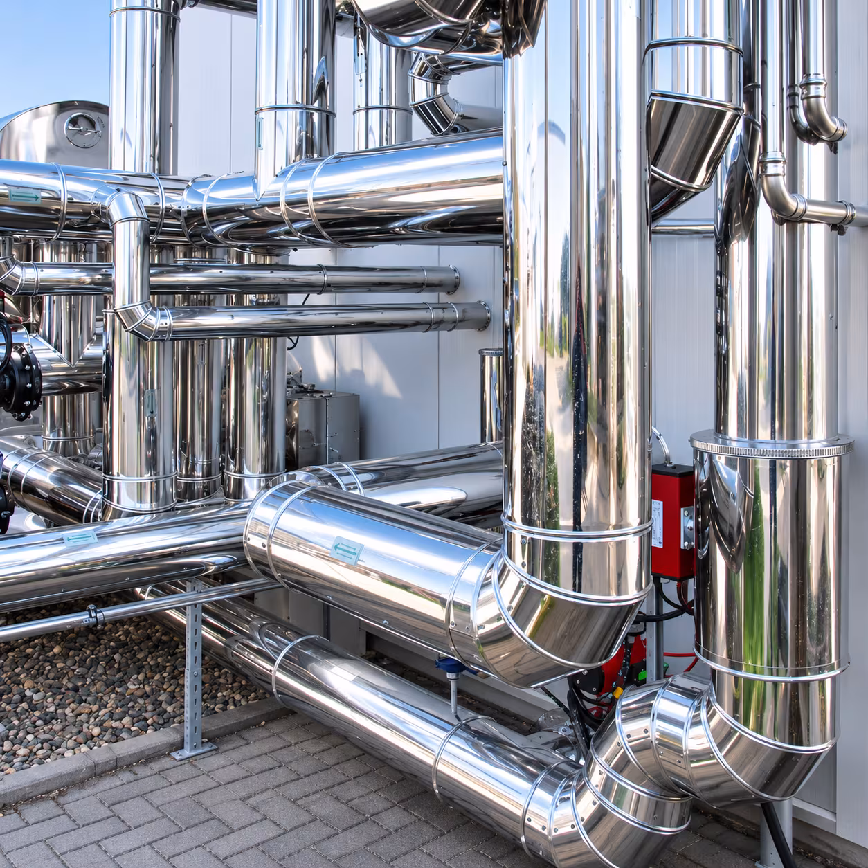 Thermal insulation on shiny stainless steel pipework in an industrial installation