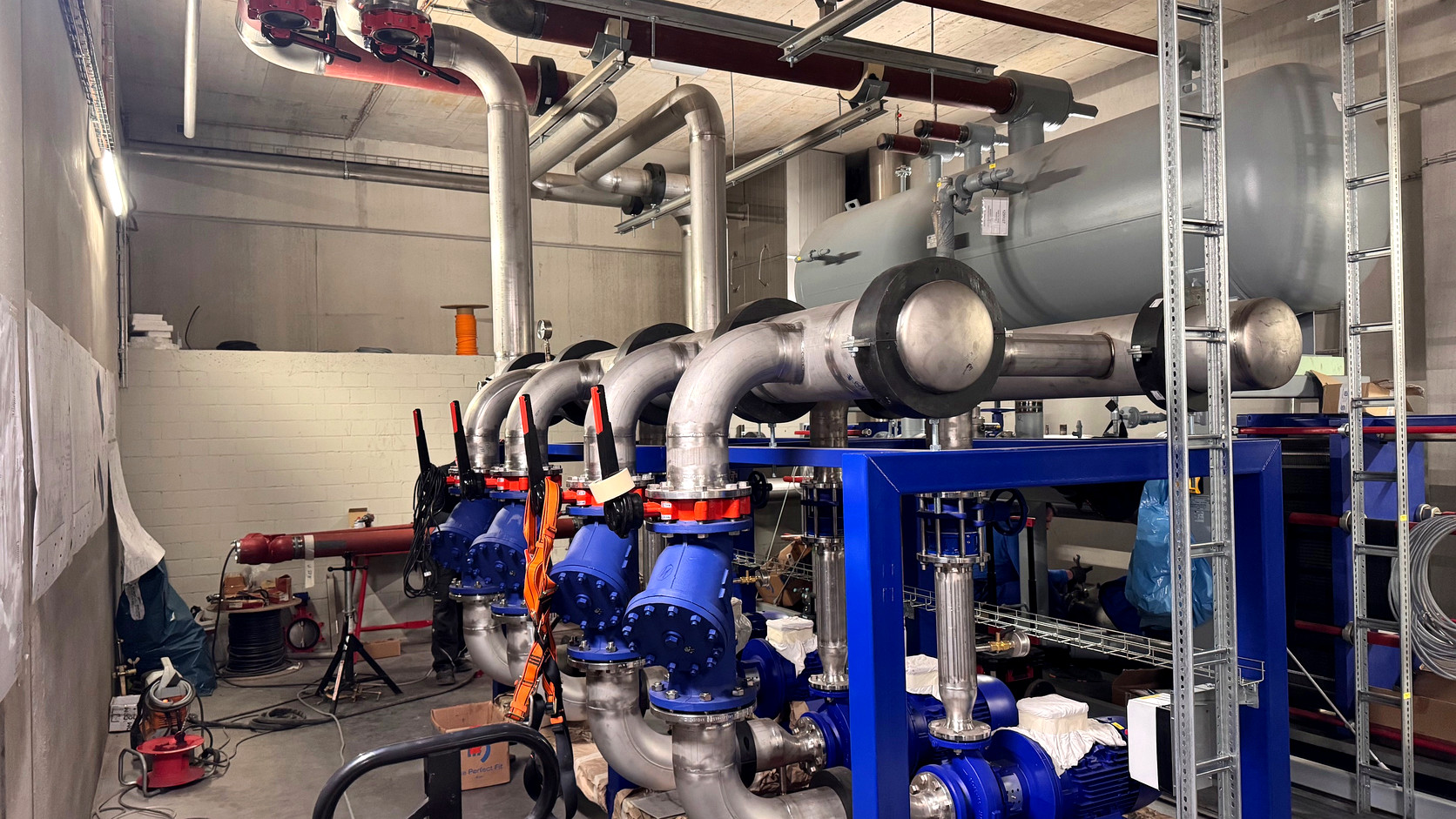 Refrigeration plant with pumps, pipework and vessels in the machine room at Sweet Tec