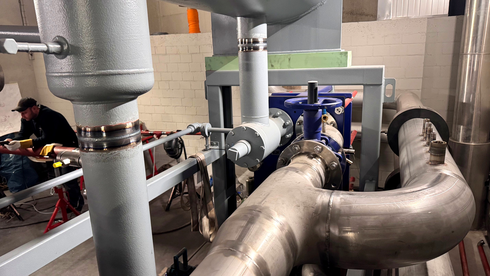 Stainless steel pipework, fittings and vessels of the new refrigeration plant in the machine room at Sweet Tec
